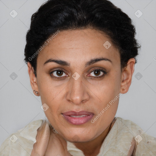 Joyful latino young-adult female with short  brown hair and brown eyes