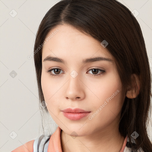 Neutral white young-adult female with medium  brown hair and brown eyes