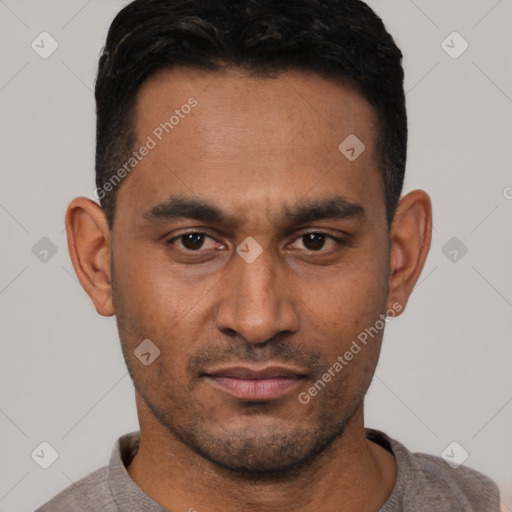 Neutral latino young-adult male with short  black hair and brown eyes