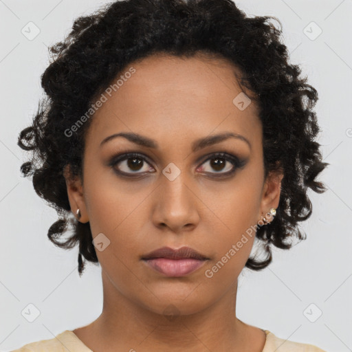 Neutral black young-adult female with long  brown hair and brown eyes