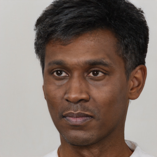 Neutral black young-adult male with short  black hair and brown eyes