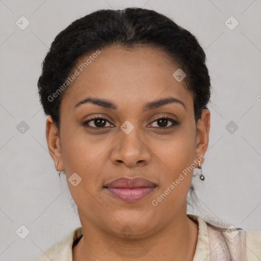 Joyful latino young-adult female with short  brown hair and brown eyes