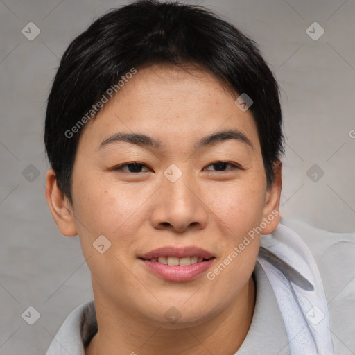 Joyful asian young-adult female with short  brown hair and brown eyes