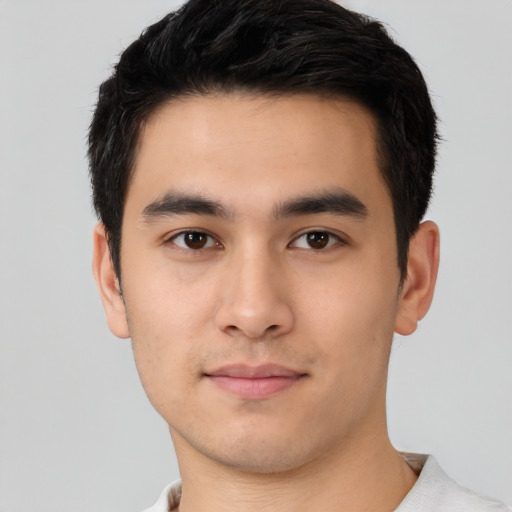 Neutral asian young-adult male with short  black hair and brown eyes