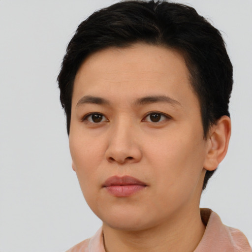 Neutral asian young-adult female with short  brown hair and brown eyes