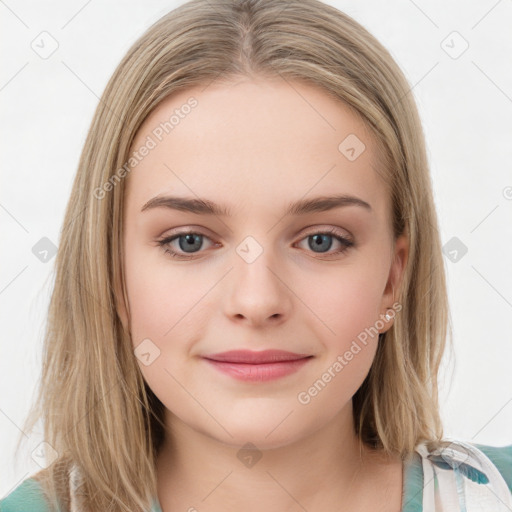 Joyful white young-adult female with long  brown hair and green eyes