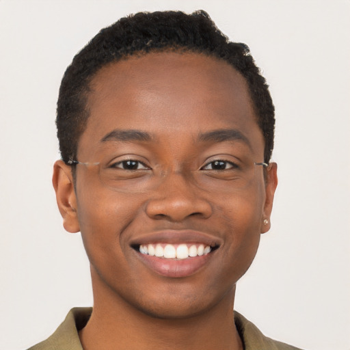 Joyful black young-adult male with short  brown hair and brown eyes