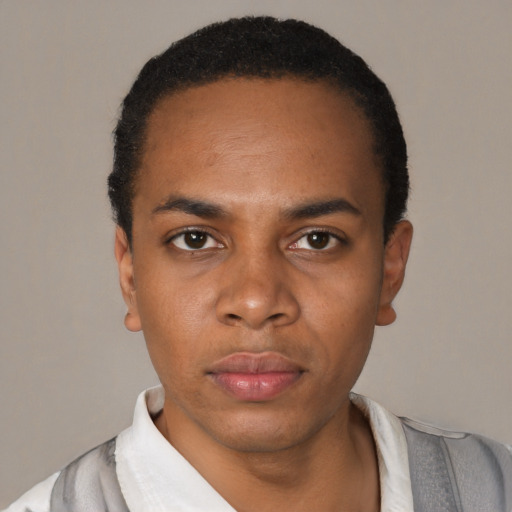 Neutral black young-adult male with short  black hair and brown eyes