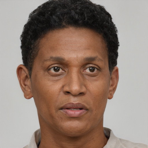 Neutral black adult male with short  brown hair and brown eyes