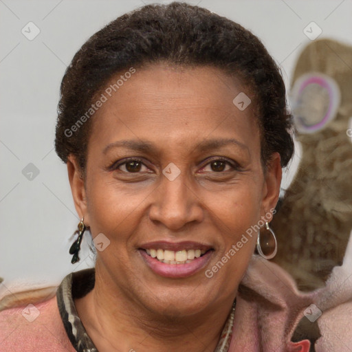 Joyful latino adult female with short  brown hair and brown eyes