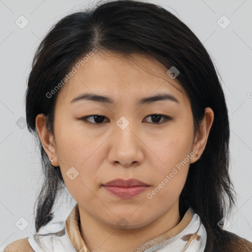 Neutral asian young-adult female with medium  brown hair and brown eyes