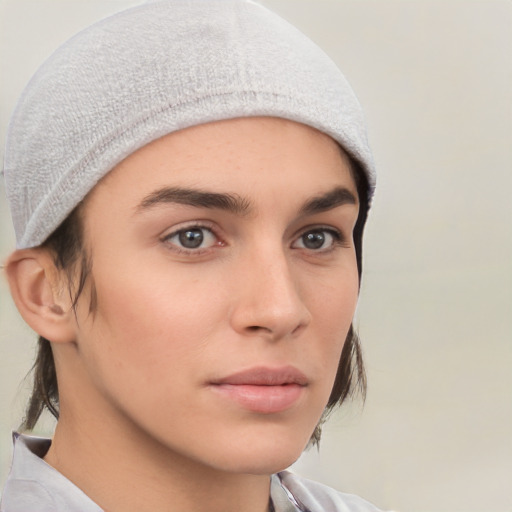 Neutral white young-adult female with medium  brown hair and brown eyes