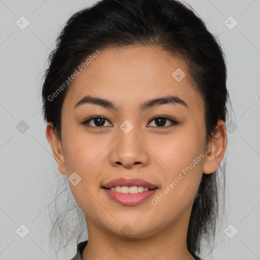 Joyful latino young-adult female with medium  brown hair and brown eyes