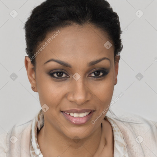 Joyful black young-adult female with short  brown hair and brown eyes