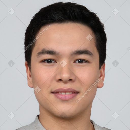 Joyful white young-adult male with short  black hair and brown eyes