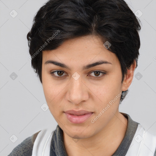 Joyful asian young-adult female with short  brown hair and brown eyes