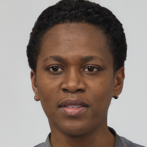 Neutral black young-adult female with short  black hair and brown eyes