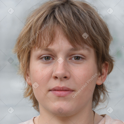 Neutral white young-adult female with medium  brown hair and grey eyes