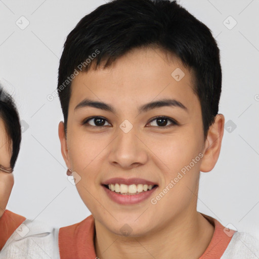 Joyful asian young-adult female with short  brown hair and brown eyes