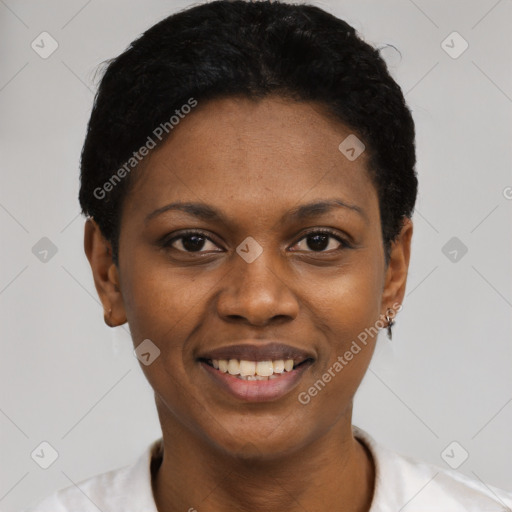 Joyful black young-adult female with short  black hair and brown eyes