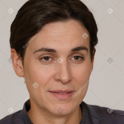 Joyful white adult female with short  brown hair and brown eyes