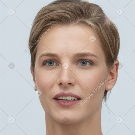 Joyful white young-adult female with short  brown hair and grey eyes