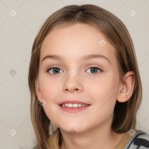 Joyful white child female with medium  brown hair and grey eyes