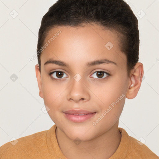 Joyful white child female with short  brown hair and brown eyes