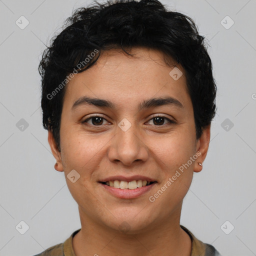 Joyful latino young-adult female with short  brown hair and brown eyes