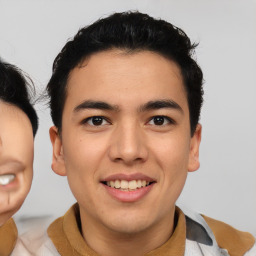 Joyful latino young-adult male with short  brown hair and brown eyes