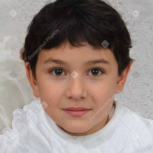 Joyful white child female with short  brown hair and brown eyes