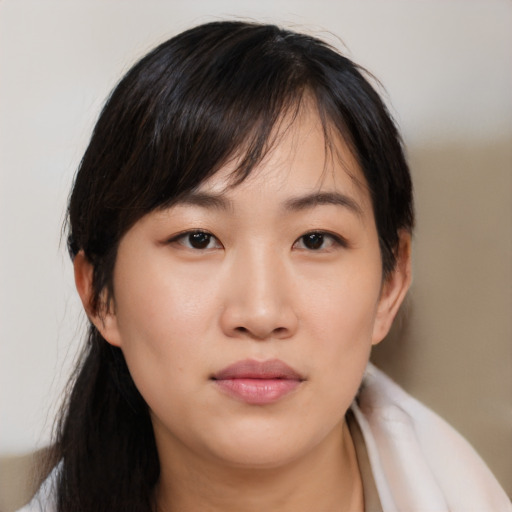 Neutral asian young-adult female with medium  brown hair and brown eyes