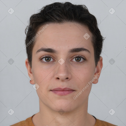 Neutral white young-adult female with short  brown hair and brown eyes