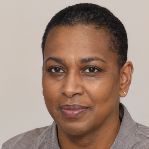Joyful black adult female with short  black hair and brown eyes