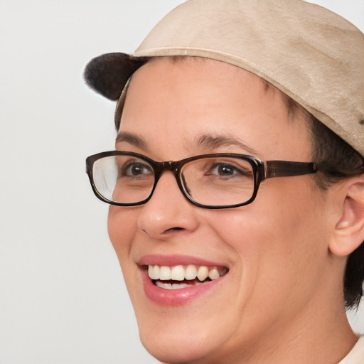 Joyful white adult female with short  brown hair and brown eyes