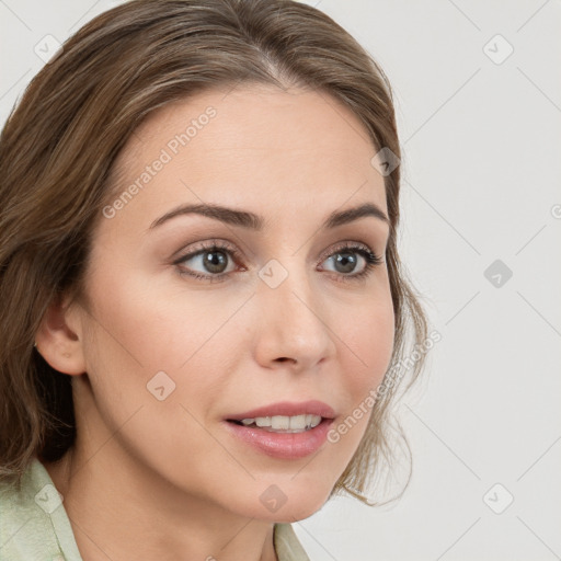 Joyful white young-adult female with medium  brown hair and green eyes