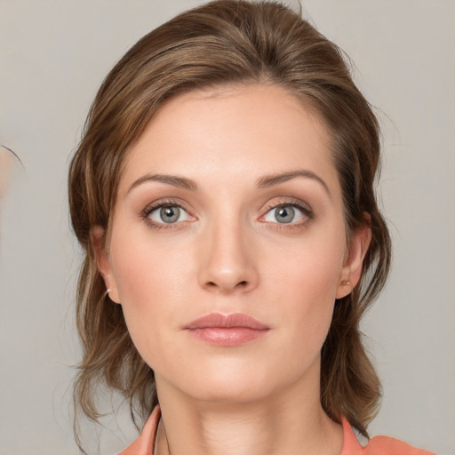 Neutral white young-adult female with medium  brown hair and blue eyes