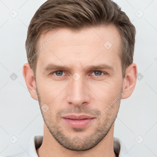 Neutral white young-adult male with short  brown hair and grey eyes