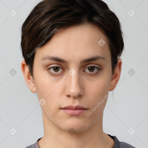 Neutral white young-adult female with short  brown hair and brown eyes