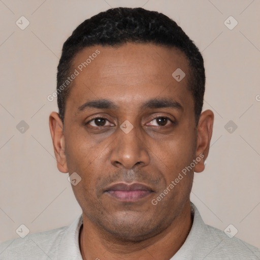 Neutral black young-adult male with short  black hair and brown eyes
