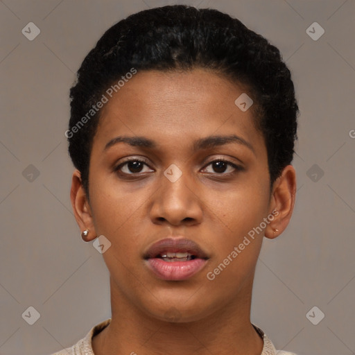 Neutral black young-adult female with short  black hair and brown eyes