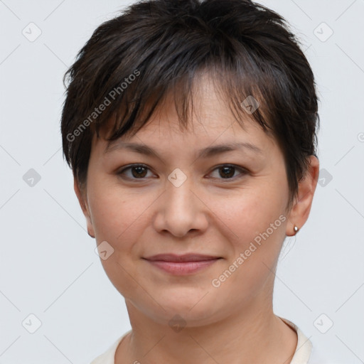 Joyful white young-adult female with short  brown hair and brown eyes