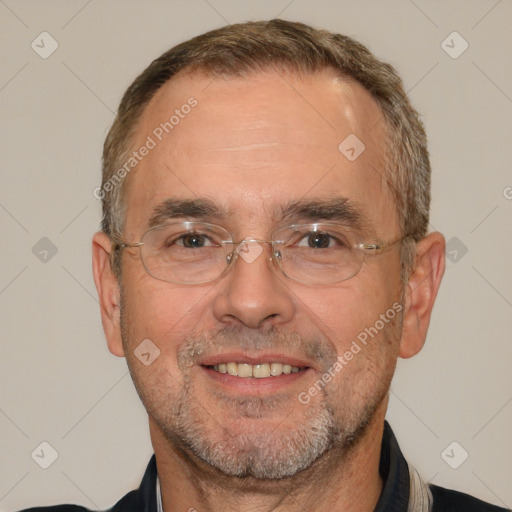 Joyful white middle-aged male with short  brown hair and brown eyes