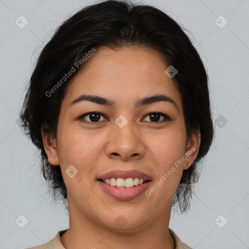 Joyful latino young-adult female with medium  brown hair and brown eyes