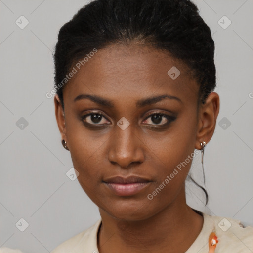 Neutral black young-adult female with short  black hair and brown eyes