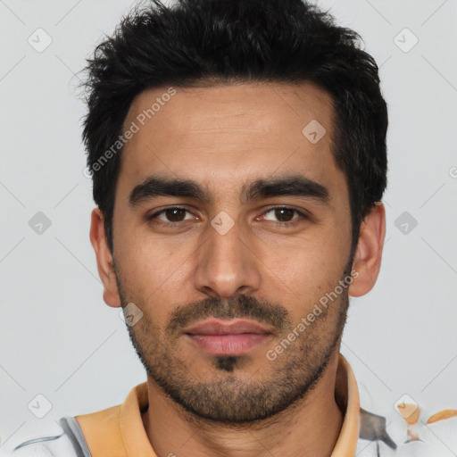 Neutral white young-adult male with short  black hair and brown eyes
