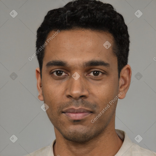 Neutral black young-adult male with short  black hair and brown eyes
