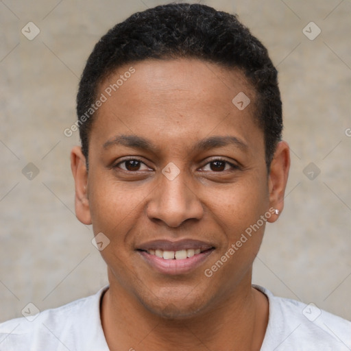 Joyful latino young-adult male with short  black hair and brown eyes