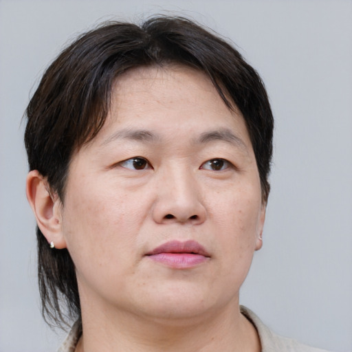Neutral asian adult male with short  brown hair and brown eyes