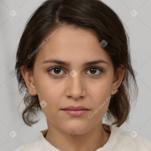 Neutral white young-adult female with medium  brown hair and brown eyes